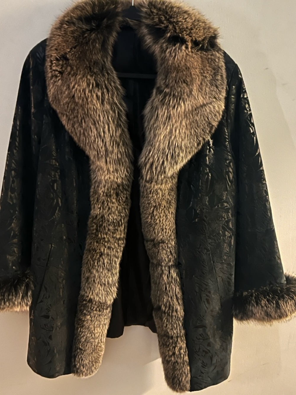 Black Leather Coat with Brown Fur Trim